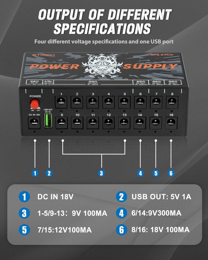 STRICH SPS X-Hub Guitar Pedal Power Supply for 9V/12V/18V, 100mA - 300mA Effects Pedals, 16 Independent Outputs, Short-circuit protection and noiseless, 5V 1A USB Port Supports Mobile Devices, Tablets - Image 3